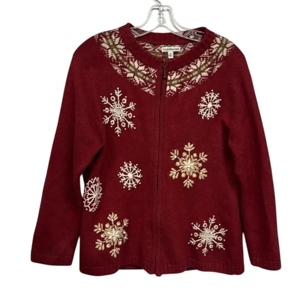 Women's Croft & Barrow Red White Christmas‎ Snowflake Zip Up Sweater Size Medium